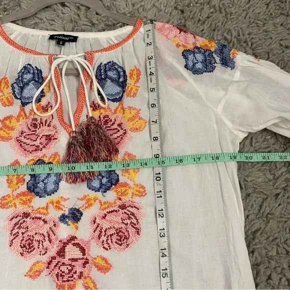 Tolani Floral Embroidered Tassel Tie Peasant Top - Picture 10 of 11